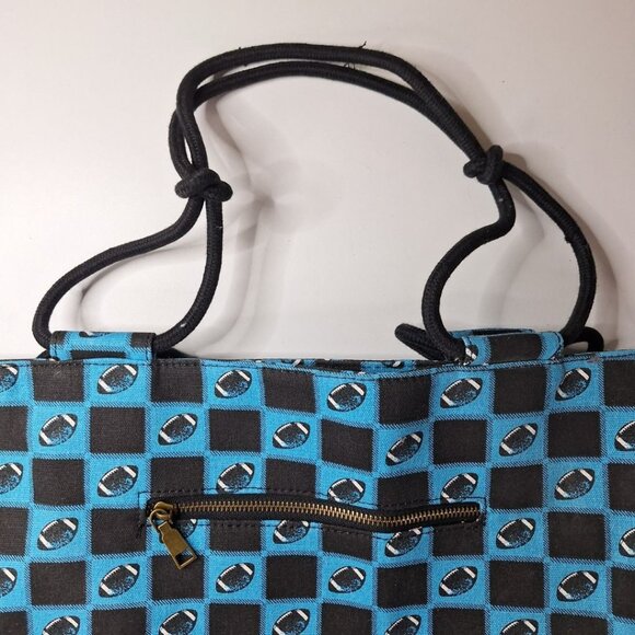 Football Tote Bag Purse Rope Handles Canvas Blue Black Zipper Farmhouse Style - Picture 2 of 12